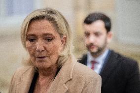 Marine Le Pen Leaves A Meeting With PM Barnier - Paris