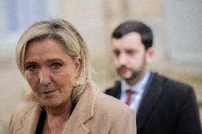 Marine Le Pen Leaves A Meeting With PM Barnier - Paris