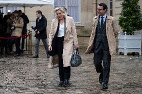 Marine Le Pen Leaves A Meeting With PM Barnier - Paris