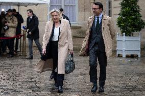 Marine Le Pen Leaves A Meeting With PM Barnier - Paris