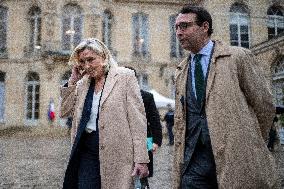 Marine Le Pen Leaves A Meeting With PM Barnier - Paris