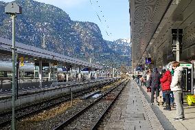 Passengers Await A Train At Garmisch-Partenkirchen Station