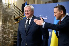 Poland's Foreign Affairs Minister Meets Ukraine's Foreign Minister Andrii Sybiha In Warsaw.