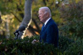 President Joe Biden makes a statement after the Israeli security cabinet approves a ceasefire in Lebanon