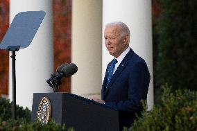 President Joe Biden makes a statement after the Israeli security cabinet approves a ceasefire in Lebanon