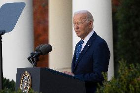 President Joe Biden makes a statement after the Israeli security cabinet approves a ceasefire in Lebanon