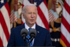 President Joe Biden makes a statement after the Israeli security cabinet approves a ceasefire in Lebanon