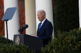 President Joe Biden makes a statement after the Israeli security cabinet approves a ceasefire in Lebanon