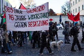 Demonstrators Display Anti-Israel Banners And Flags At A Pro-Palestinian Rally In Munich