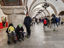 People shelter in Kyiv Metro during air alert