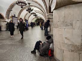 People shelter in Kyiv Metro during air alert