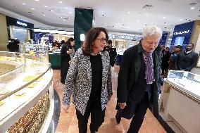 French Minister Of Tourism Visits The Galeries Lafayette And Printemps Department Stores