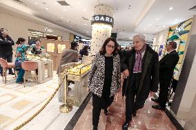 French Minister Of Tourism Visits The Galeries Lafayette And Printemps Department Stores