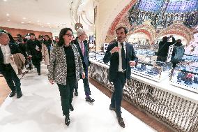 French Minister Of Tourism Visits The Galeries Lafayette And Printemps Department Stores