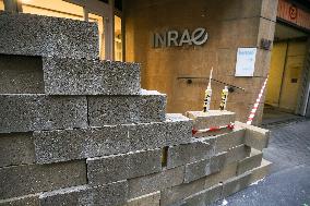 Farmers Construct A  Wall In Front Of The INRAE In Paris