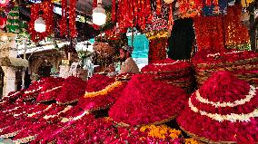 Shopkeepers Display Flowers In Ajmer - India