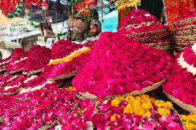 Shopkeepers Display Flowers In Ajmer - India