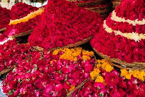 Shopkeepers Display Flowers In Ajmer - India