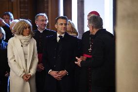 President Macron Visits Notre-Dame Cathedral One Week Before Its Reopening - Paris