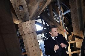 President Macron Visits Notre-Dame Cathedral One Week Before Its Reopening - Paris