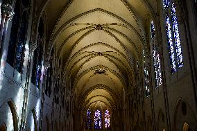 President Macron Visits Notre-Dame Cathedral One Week Before Its Reopening - Paris