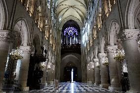 President Macron Visits Notre-Dame Cathedral One Week Before Its Reopening - Paris