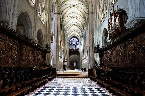 President Macron Visits Notre-Dame Cathedral One Week Before Its Reopening - Paris