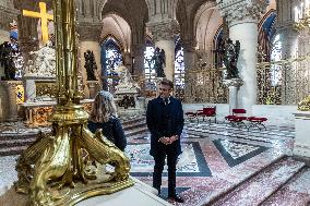 President Macron Visits Notre-Dame Cathedral One Week Before Its Reopening - Paris