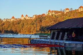 Idyllic Outdoor Winter Swimming Bath In Bavaria