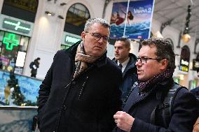 French Deputy Minister for Transports Francois Durovray visits Saint Lazare rail station in Paris FA