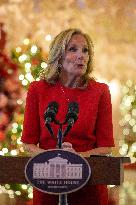 First Lady Dr. Jill Biden Greets Volunteers Who Decorated The White House For Christmas On December 2, 2024.