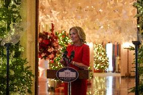 First Lady Dr. Jill Biden Greets Volunteers Who Decorated The White House For Christmas On December 2, 2024.