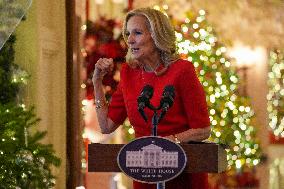 First Lady Dr. Jill Biden Greets Volunteers Who Decorated The White House For Christmas On December 2, 2024.