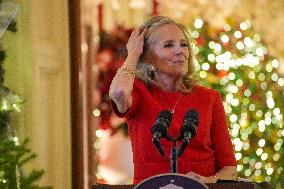 First Lady Dr. Jill Biden Greets Volunteers Who Decorated The White House For Christmas On December 2, 2024.