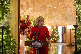 First Lady Dr. Jill Biden Greets Volunteers Who Decorated The White House For Christmas On December 2, 2024.