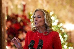 First Lady Dr. Jill Biden Greets Volunteers Who Decorated The White House For Christmas On December 2, 2024.