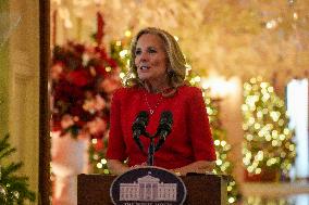 First Lady Dr. Jill Biden Greets Volunteers Who Decorated The White House For Christmas On December 2, 2024.