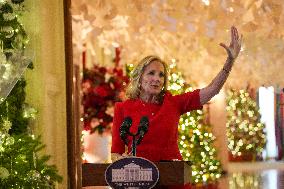 First Lady Dr. Jill Biden Greets Volunteers Who Decorated The White House For Christmas On December 2, 2024.