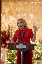 First Lady Dr. Jill Biden Greets Volunteers Who Decorated The White House For Christmas On December 2, 2024.