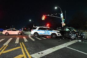 Vehicle Collision Involving NYPD Vehicle After Reports Of Robbery In Laurelton Section Of Queens New York