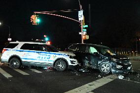 Vehicle Collision Involving NYPD Vehicle After Reports Of Robbery In Laurelton Section Of Queens New York