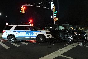 Vehicle Collision Involving NYPD Vehicle After Reports Of Robbery In Laurelton Section Of Queens New York