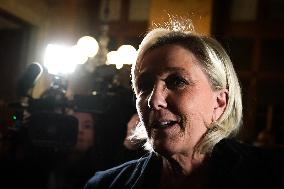 Marine Le Pen speaks to the press after the motions of censure at the National Assembly in Paris FA