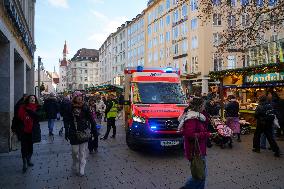 Emergency Vehicles At Munich Christmas Market On Marienplatz