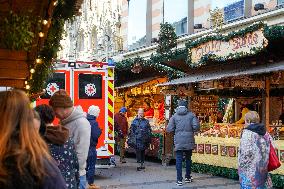 Emergency Vehicles At Munich Christmas Market On Marienplatz