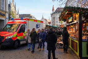 Emergency Vehicles At Munich Christmas Market On Marienplatz