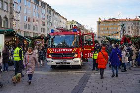 Emergency Vehicles At Munich Christmas Market On Marienplatz