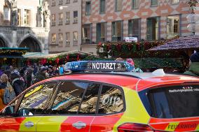 Emergency Vehicles At Munich Christmas Market On Marienplatz