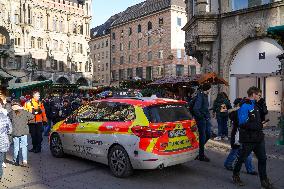 Emergency Vehicles At Munich Christmas Market On Marienplatz