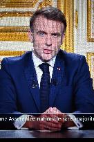 French President Emmanuel Macron adresses a speech after the censure of Michel Barnier's - Paris